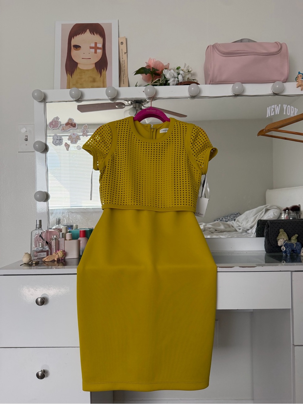 Calvin Klein Mustard Short-Sleeve Perforated Bodice Dress